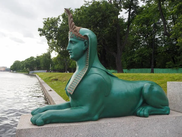 Close Green Sphinx Sculpture Pier Malaya Nevka River Embankment Saint — Stock Photo, Image