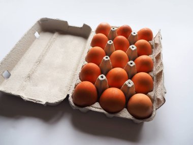 Beyaz bir arka plan üzerinde beyaz bir karton yumurta kutusunda 15 kahverengi taze çiğ tavuk yumurtapaketi yakın.