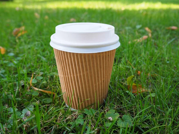 Disposable paper coffee cup on the ground among the green grass with yellow autumn leaves. Zero waste, Save the planet, Earth day, Plastic Free, Recycle, Go Green concept. Eco friendly lifestyle.