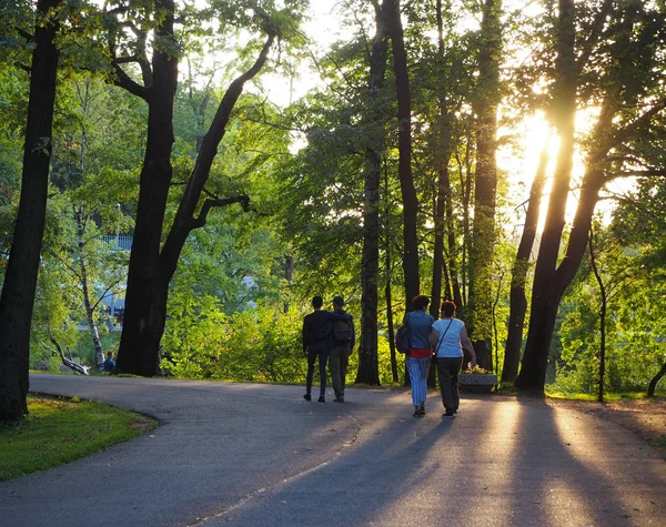 Ludzie Spacerują Parku Ciesząc Się Przyrodą Świeżym Powietrzem Wieczorem Kiedy — Zdjęcie stockowe
