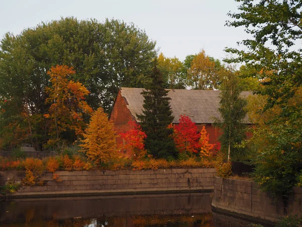 Herbstlandschaft eines leerstehenden Backsteinhauses zwischen roten, gelben, orangefarbenen und grünen Bäumen. — Stockfoto