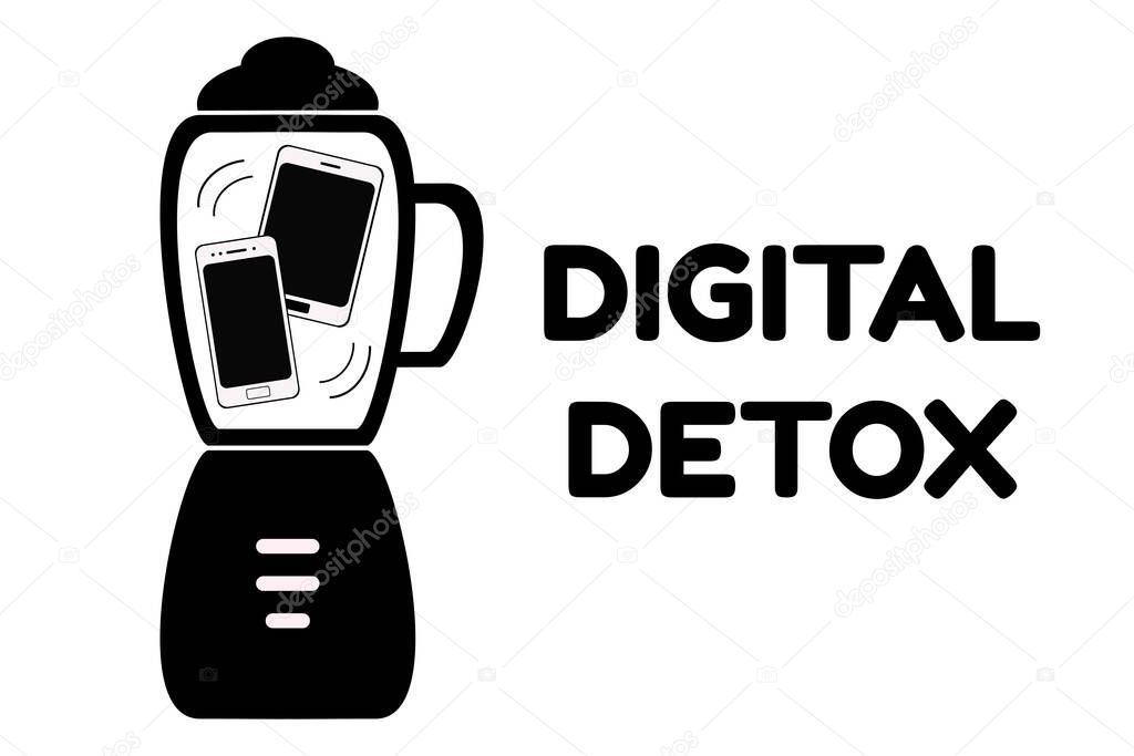 Digital Detox concept. A smartphone and a tablet are mixed in a blender. Gadget addiction social issue.