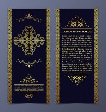 Altın soyut çerçeve ve armalı klasik el ilanı tasarımı. Davetiye, broşür, menü, poster ve diğer reklamlar için şablon.