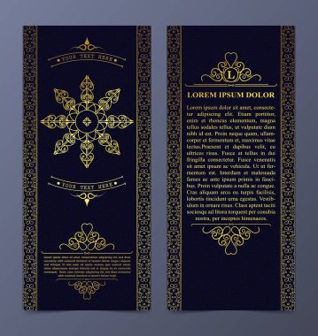 Altın soyut çerçeve ve armalı klasik el ilanı tasarımı. Davetiye, broşür, menü, poster ve diğer reklamlar için şablon.