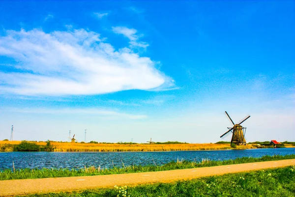 Moulin Vent Kinderdijk Belle Journée Ensoleillée — Photo