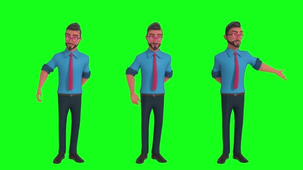 3Dキャラクターアニメーション ポインティング コーポレートマスコット 24Fpsループ可能クリップ 緑色の背景を持つHdレンダリング — ストック動画