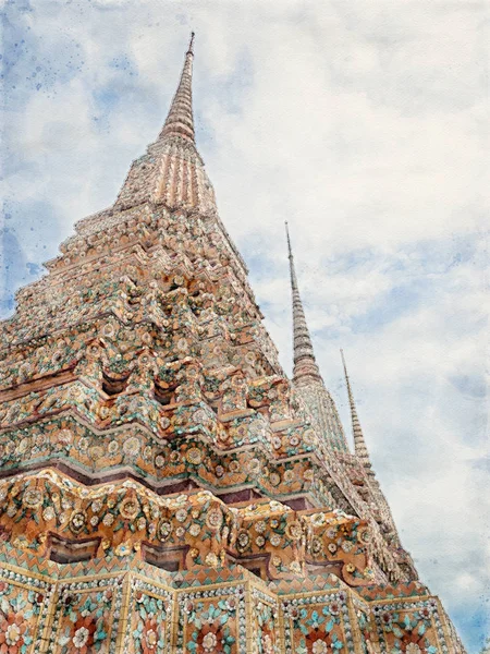 Aquarela Pintura de Pagode Antiguidade Colorida no Templo Wat Pho — Fotografia de Stock