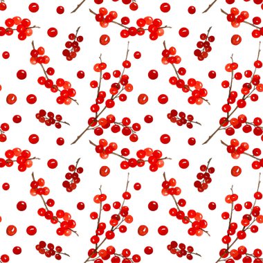 beyaz arka plan üzerinde kırmızı çilek dikişsiz desen. Holly böğürtlenleri. Başbakanlık tasarımı için. Noel davetiyesi kartları için. Kumaş için baskı. Ev tekstili için dekoratif süs.