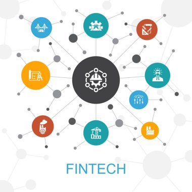 simgeleri ile fintech trendy web konsepti. Finans, teknoloji, blockchain, inovasyon gibi simgeleri içerir