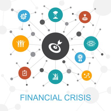 simgeleri ile finansal kriz trendy web konsepti. Bütçe açığı, Kötü krediler, Devlet borcu, Refinancing gibi simgeler içerir