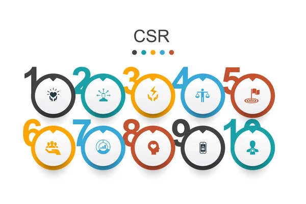 CSR Responsabilità del modello di progettazione infografica, sostenibilità, etica, obiettivi icone semplici — Vettoriale Stock