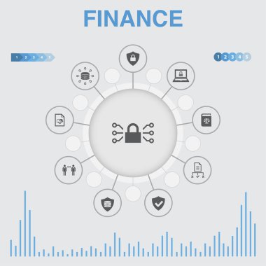 Simgeler ile Finans infografik. Banka, Para, Grafik, Döviz gibi simgeler içerir