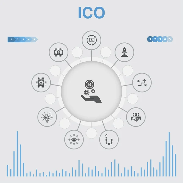 Ico-Infografik mit Symbolen. enthält Symbole wie Kryptowährung, Start-up, digitale Wirtschaft, Technologie — Stockvektor