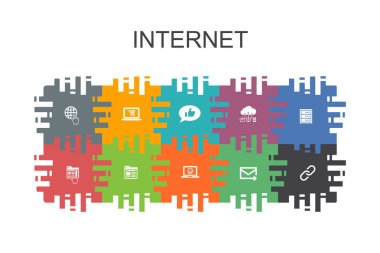 düz elemanları ile internet karikatür şablonu. E-ticaret, sosyal medya, web sitesi, E-posta gibi simgeler içerir