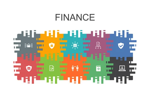 Modelo de desenho animado finanças com elementos planos. Contém ícones como Banco, Dinheiro, Gráfico, Troca — Vetor de Stock