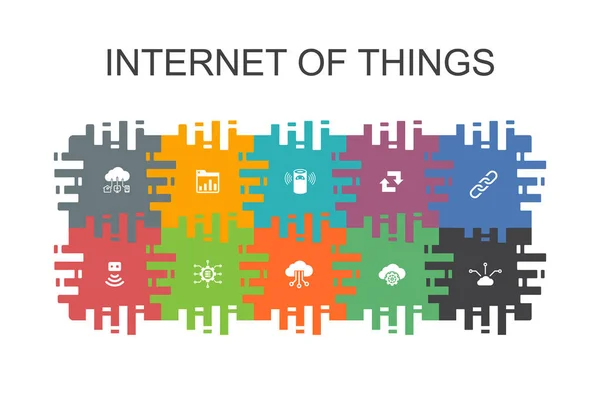 Internet de las cosas plantilla de dibujos animados con elementos planos. Contiene iconos como Dashboard, Cloud Computing, Asistente inteligente, sincronización — Vector de stock