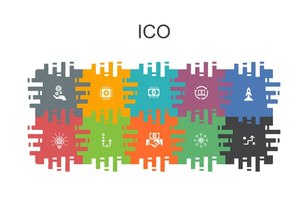 Ico-Cartoon-Vorlage mit flachen Elementen. enthält Symbole wie Kryptowährung, Start-up, digitale Wirtschaft, Technologie — Stockvektor