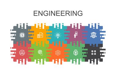 düz elemanları ile mühendislik karikatür şablonu. Tasarım, profesyonel, Sistem Kontrolü, Altyapı gibi simgeler içerir