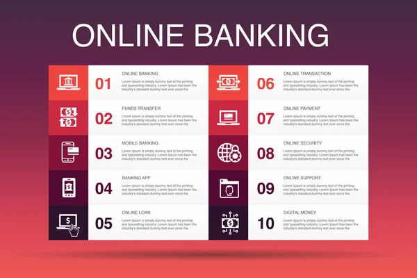 Banca en línea Infografía 10 opción template.funds transferencia, banca móvil, transacción en línea, dinero digital iconos simples — Archivo Imágenes Vectoriales