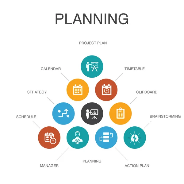 Planering infographic 10 steg Concept. kalender, schema, tidsplan, handlings plan enkla ikoner — Stock vektor