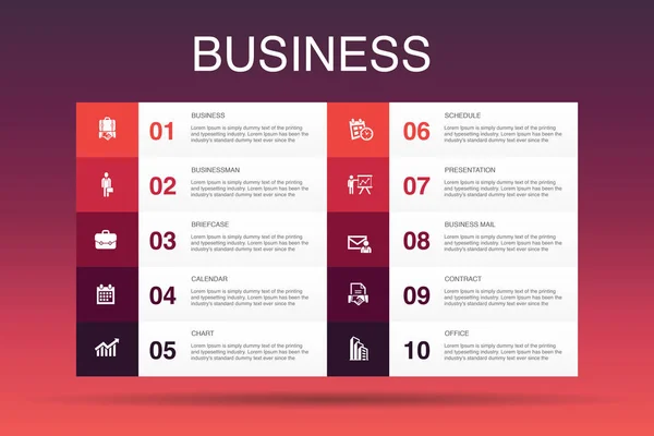 Business Infographic 10 option template.Businessman, портфель, календар, діаграма простих піктограм — стоковий вектор