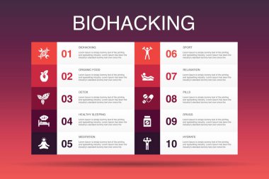 biohacking Infographic 10 seçenek template.organic gıda, sağlıklı uyku, meditasyon, ilaçlar basit simgeler