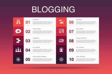 blogging Infographic 10 seçeneği template.social media, Yorumlar, Blogger, dijital içerik basit simgeler