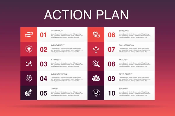 Eylem planı Infographic 10 seçenek template.improvement, strateji, uygulama, analiz basit simgeler — Stok Vektör