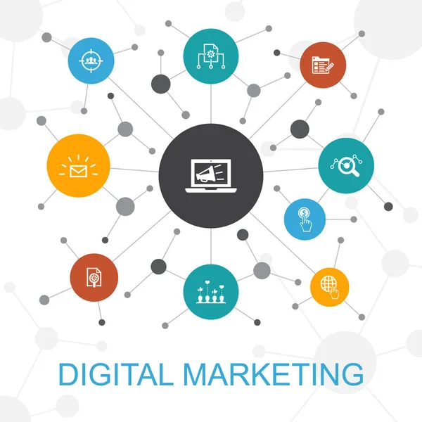Digitales Marketing trendiges Webkonzept mit Symbolen. enthält Symbole wie Internet, Marketing-Forschung, soziale Kampagne, Pay per click — Stockvektor