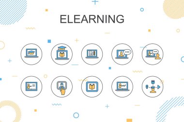 elearning trendy Infographic şablonu. Uzaktan Eğitim, Online Eğitim, Video eğitimi, Websemineri ile ince hat tasarımı