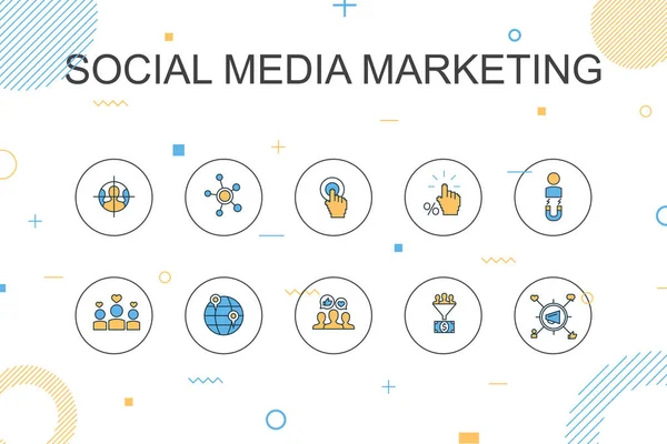 Social Media Marketing modelo de Infográfico na moda. Design de linha fina com Engajamento do Usuário, Seguidores, Call To Action, conversão de leads —  Vetores de Stock