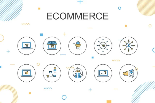 E-ticaret trendy Infographic şablonu. Online mağaza, alışveriş sepeti, Ödeme İşlemcisi, e-ticaret çözümleri ile ince hat tasarımı Telifsiz Stok Illüstrasyonlar