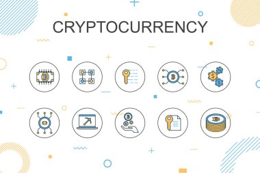 Cryptocurrency trendy Infographic şablonu. Blockchain, fintech sanayi, Madencilik, Kriptografi ile ince hat tasarımı