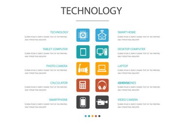 Teknoloji Infographic 10 seçenek konsepti.akıllı ev, fotoğraf makinesi, tablet bilgisayar, akıllı telefon basit simgeler