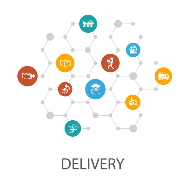 Modelo de apresentação de entrega, layout de capa e infographics.return, pacote, correio, ícones de entrega expressa — Vetor de Stock