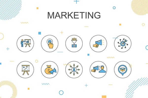 营销时尚信息图模板。细线设计，包括行动号召、促销、营销计划、营销策略 — 图库矢量图片