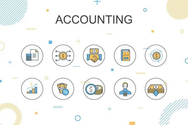 Accounting trendy infographic sjabloon. Dun lijn ontwerp met Asset, jaarverslag, netto-inkomen, accountant — Stockvector