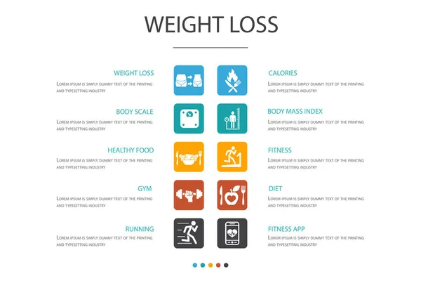 Perda de peso Infográfico 10 opção concept.body escala, comida saudável, ginásio, dieta ícones simples —  Vetores de Stock