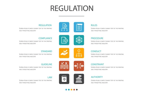 Regulacja opcji infografiki 10. zgodność, norma, wytyczna, reguły proste ikony — Wektor stockowy
