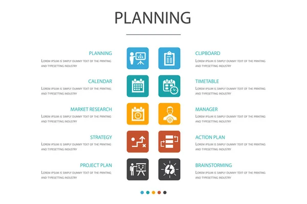 Planering infographic 10 alternativ koncept. kalender, schema, tidsplan, åtgärds plan enkla ikoner — Stock vektor