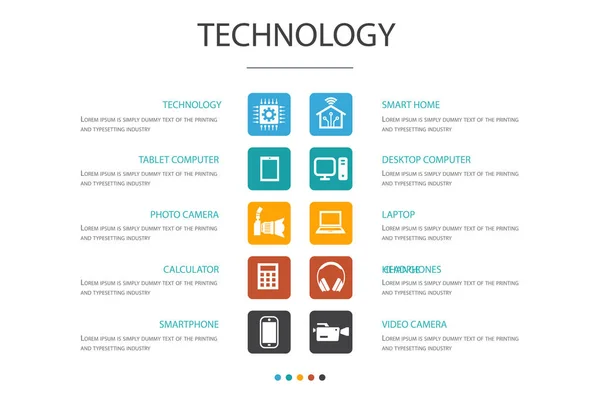 Tecnologia Infográfico 10 opção concept.smart casa, câmera de foto, computador tablet, ícones simples smartphone —  Vetores de Stock