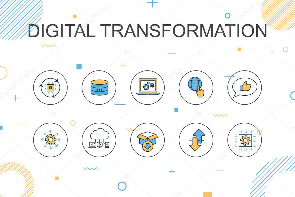 digital transformation trendy Infographic template. Thin line design with digital services, internet, cloud computing, technology