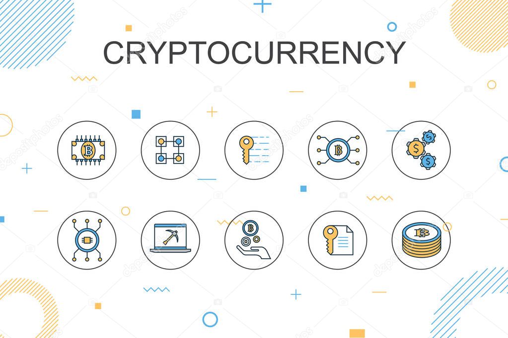Cryptocurrency trendy Infographic template. Thin line design with blockchain, fintech industry, Mining, Cryptography