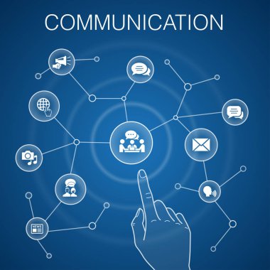 iletişim kavramı, mavi arka plan. internet, mesaj, tartışma, duyuru simgeleri