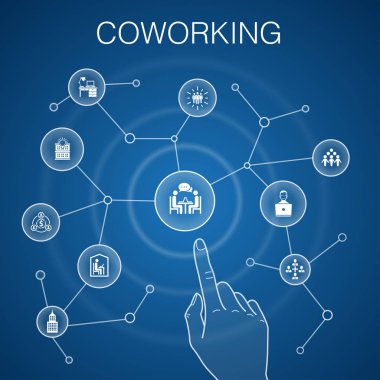 Coworking kavramı, mavi arka plan.yaratıcı ofis, işbirliği, işyeri, ekonomi basit simgeler paylaşımı