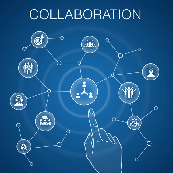 Işbirliği kavramı mavi arka plan takım çalışması, destek, iletişim, motivasyon simgeleri — Stok Vektör