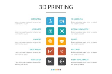 3d baskı Infographic 10 seçenek kavramı.3d yazıcı, filament, prototip, model hazırlama simgeleri