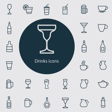 içecekler anahat, ince, düz, dijital simge seti