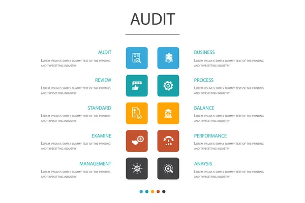 Granska infographic 10 alternativ Concept. Review, standard, granska, bearbeta ikoner — Stock vektor