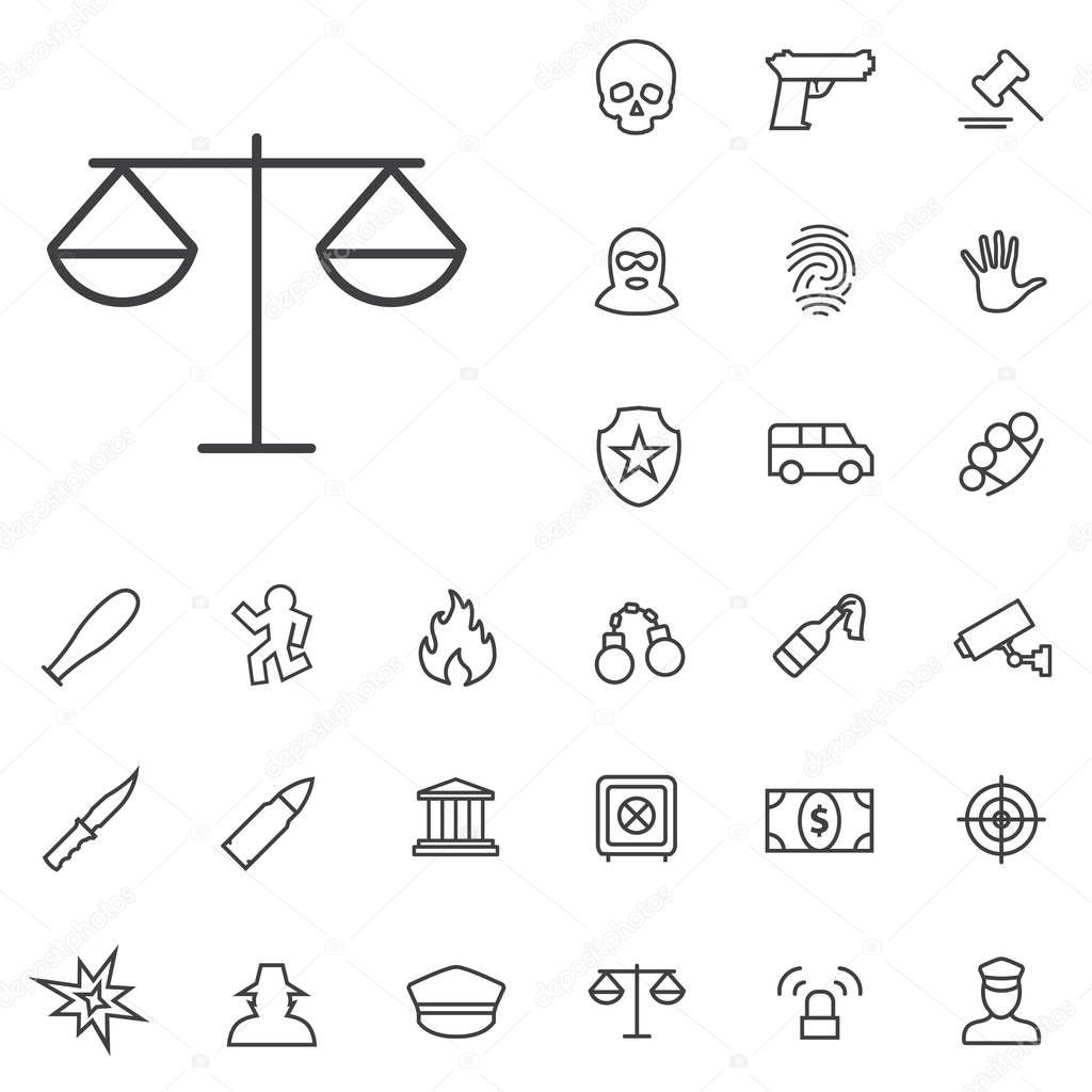 crime, justice outline, thin, flat, digital icon set